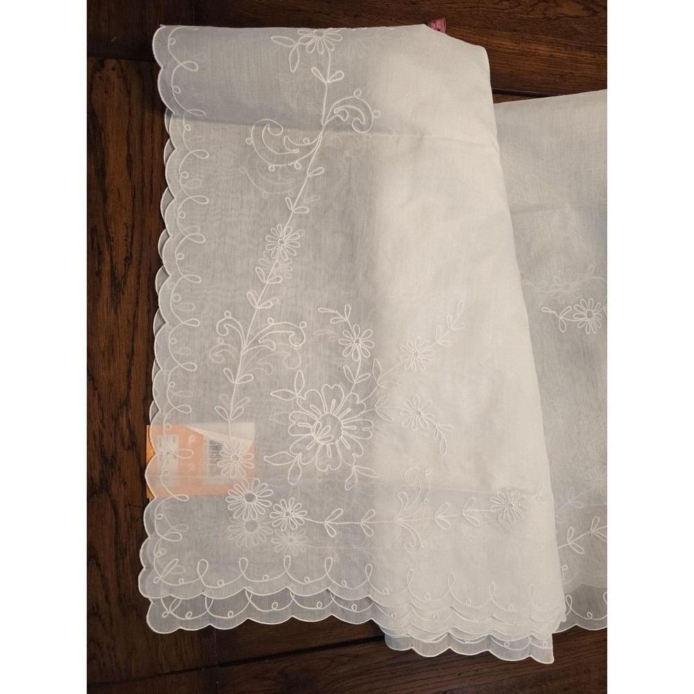 Vintage Swiss Mid Century White Floral Embroidered Window Curtain Sheers 44x84